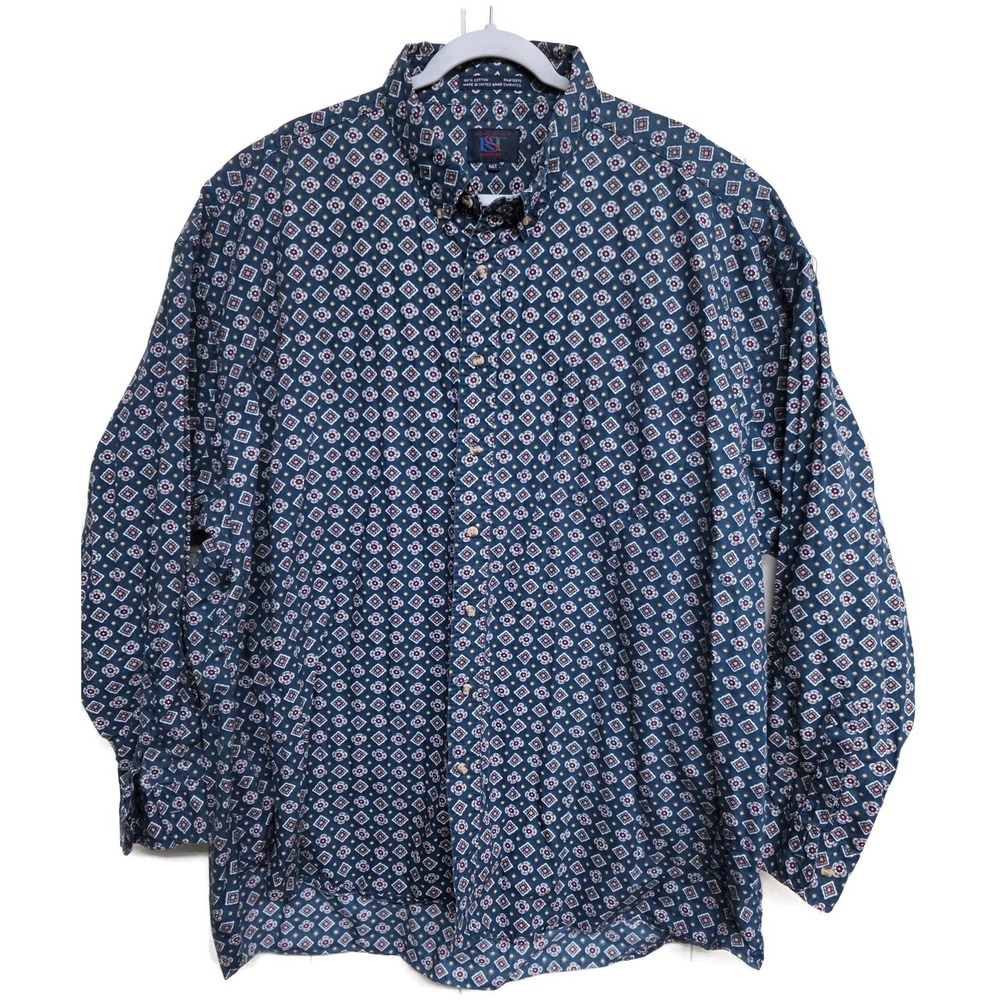 Salmon River Traders Mens 4XLT Blue Geometric Medallion Long Sleeve Button Shirt